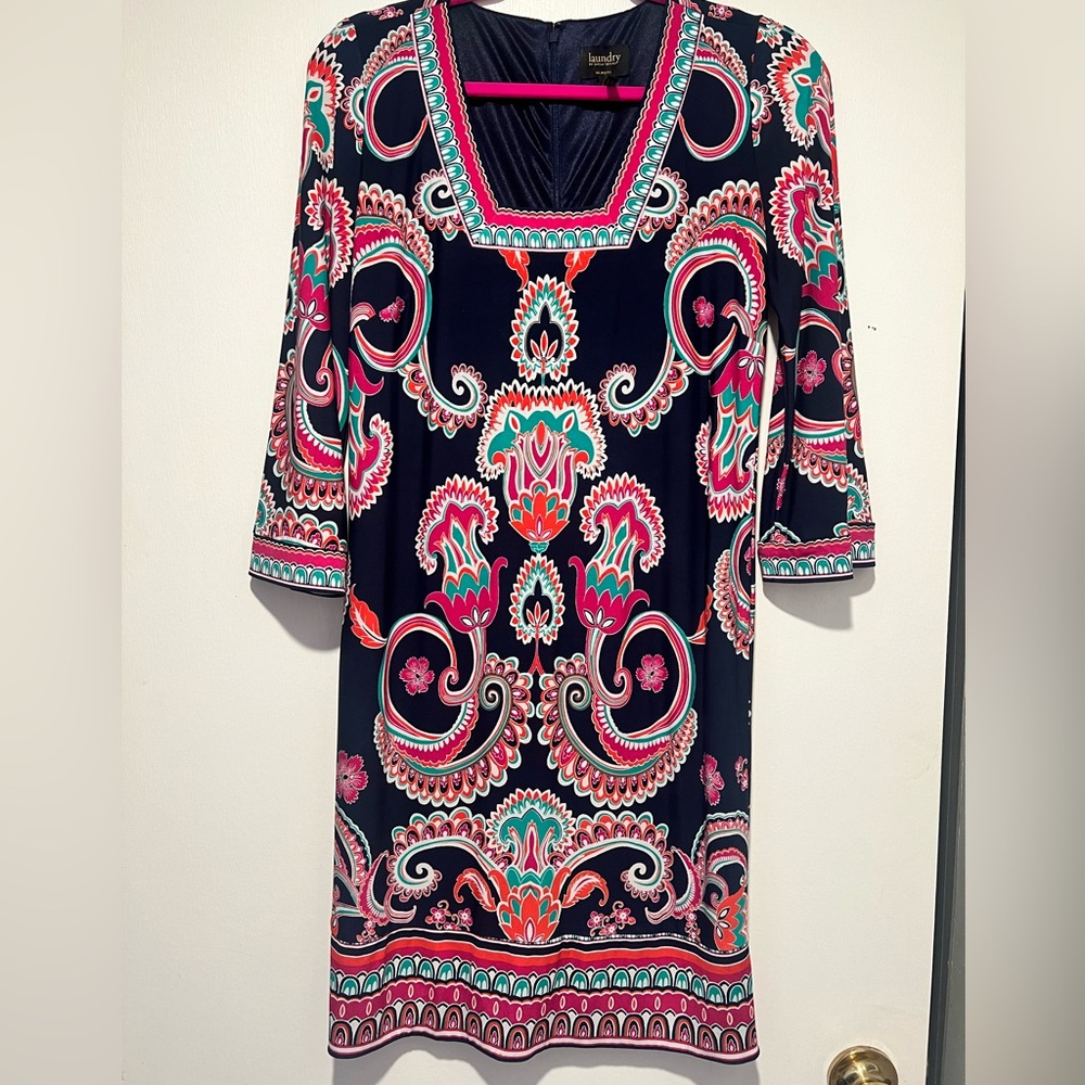 Laundry By Shelli Segal Navy Blue and Pink Paisley Print Dress Retro 60's Size 4